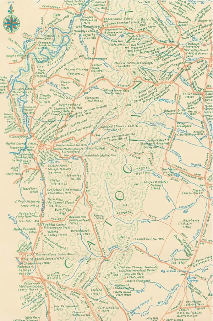 Map drawn by Eugene Scheel, a Waterford historian and mapmaker showing historical sits and dates.